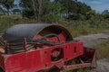 Closeup of single drum asphalt roller