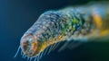 A closeup of a single nematode reveals its smooth cylindrical body and multiple rows of tiny hooklike structures along