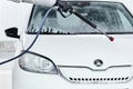 Closeup Skoda Citigo car in a foam at manual car wash. Man washing a car under high pressure at a self-wash car, June 2020, Prague