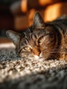 Closeup of a Sleepy Brown Tabby Cat Resting on a Beige Carpet Royalty Free Stock Photo