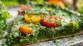 A closeup of a slice of algae pizza with a vibrant green crust made from a blend of different algae strains. The pizza