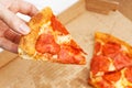 Closeup slice of italian pepperoni pizza in hand Royalty Free Stock Photo
