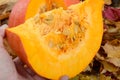 Closeup of a slice pumpkin to make soup or pie Royalty Free Stock Photo