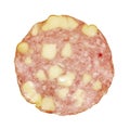 Closeup of a slice of smoked salami isolated on a white background