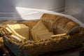 Closeup of sliced bread in a braided basket. Royalty Free Stock Photo