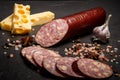 Closeup sliced cheddar summer sausage with cheese and garlic Royalty Free Stock Photo