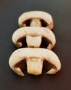 Closeup of sliced common mushrooms isolated over black. Fresh mushrooms ready for preparing.