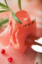 Closeup of sliced italian cold cuts on fork Royalty Free Stock Photo