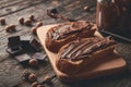 Closeup slices of bread with chocolate hazelnut cream on wooden background Royalty Free Stock Photo