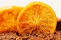 Closeup slices of caramelized orange on top of a chocolate cake Royalty Free Stock Photo
