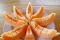 Closeup Slices of Delectable Fresh Juicy Cantaloupe Melon on White Plate