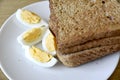 Closeup of slices of toasted whole wheat bread with boiled eggs on a plate for breakfast