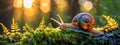 Closeup of slow grape snail with brown shell crawling on green moss on blurred natural background