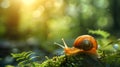 Closeup of slow grape snail with brown shell crawling on green moss on blurred natural background