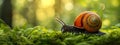 Closeup of slow grape snail with brown shell crawling on green moss on blurred natural background