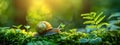 Closeup of slow grape snail with brown shell crawling on green moss on blurred natural background