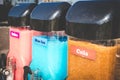 Closeup of Slush Machines with Colorful Flavors. Retro Style Royalty Free Stock Photo