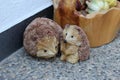 Closeup of small handmade hedgehog figures on the ground