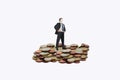 Closeup of a small manager figure on a pile of Euro coins isolated on a white background Royalty Free Stock Photo