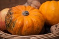 Small pumpkins and walnuts on wooden background