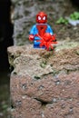 Closeup of the small Spiderman lego on the rock