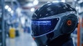 A closeup of a smart helmet equipped with communication devices and sensors enabling realtime safety checks and