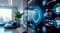A closeup of a smart home hub with various IoT devices such as lights thermostat and security cameras connected and