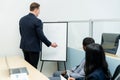 Smart male leader drawing increasing graph at business meeting room. Ornamented. Royalty Free Stock Photo