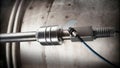 A closeup of a smart sensor attached to an industrial machine capturing realtime vibrations and temperature connected