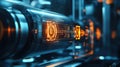 A closeup of a smart sensor embedded in machinery with luminous icons indicating how AI processes its data to forecast