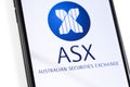 Closeup smartphone with ASX logo on the screen