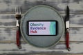 Closeup of smartphone with logo lettering of obesity evidence hub on plate with cutlery