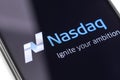 Closeup smartphone with Nasdaq logo on the screen