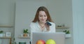 Closeup smiling business woman talking mobile phone at home office. Portrait of joyful girl making phone call at remote Royalty Free Stock Photo