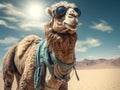 closeup of smiling camel with glasses in desert Royalty Free Stock Photo