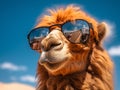 closeup of smiling camel with glasses in desert Royalty Free Stock Photo