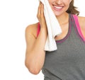 Closeup on smiling fitness young woman towel Royalty Free Stock Photo