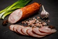 closeup smoked ham sausage with garlic and green onions