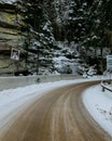Closeup of a smooth road in the winter forest Royalty Free Stock Photo
