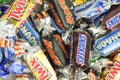 Closeup of Snickers, Mars, Bounty, Milky Way,Twix candies.