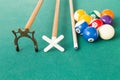 Closeup of snooker billards balls, cue and extender stick Royalty Free Stock Photo