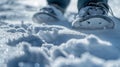 A closeup of snowshoes crunching through powdery snow leaving a trail of tracks in their wake. .