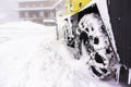 Closeup of a snowy snow plow Royalty Free Stock Photo