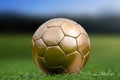 Closeup soccer golden ball on green grass Royalty Free Stock Photo