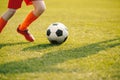 Closeup of Soccer Player Legs in Run. Young Player Running Football Ball on Grass Field Royalty Free Stock Photo