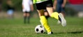 Closeup of Soccer Player Legs in Run. Young Player Running Football Ball on Grass Field Royalty Free Stock Photo