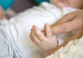 Closeup. Soft focus and blurry of Baby and mother hands, vintage Royalty Free Stock Photo