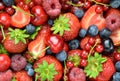 Closeup of soft fruits, strawberries, raspberries, cherries, blueberries, currants Royalty Free Stock Photo