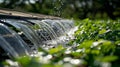 A closeup of a solarpowered irrigation pump quietly purring as it delivers water to nourish an expansive plantation