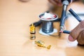 Closeup of soldering RCA cable, Repair and adjustment of the equipment Royalty Free Stock Photo